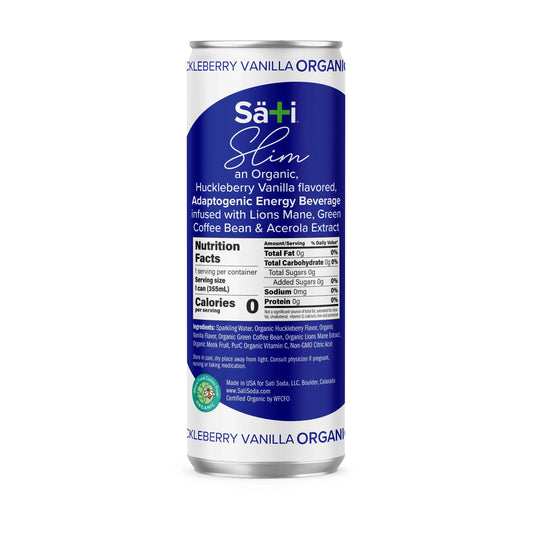 Sati Slim energy beverage can with blue label on a white background