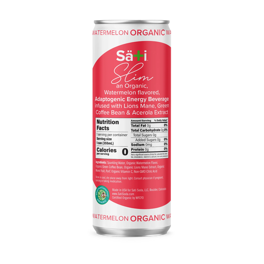 Sati Slim organic watermelon energy beverage can on a white background