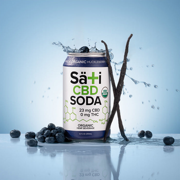 Sati CBD Soda Collection - can on blue background