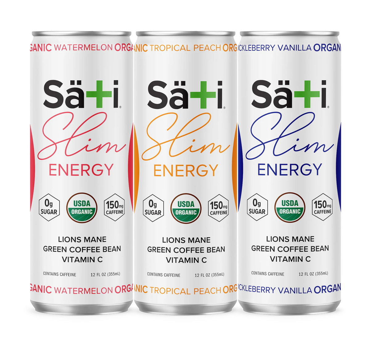 Three cans of Sati Slim Energy drinks with different flavors on a white background.