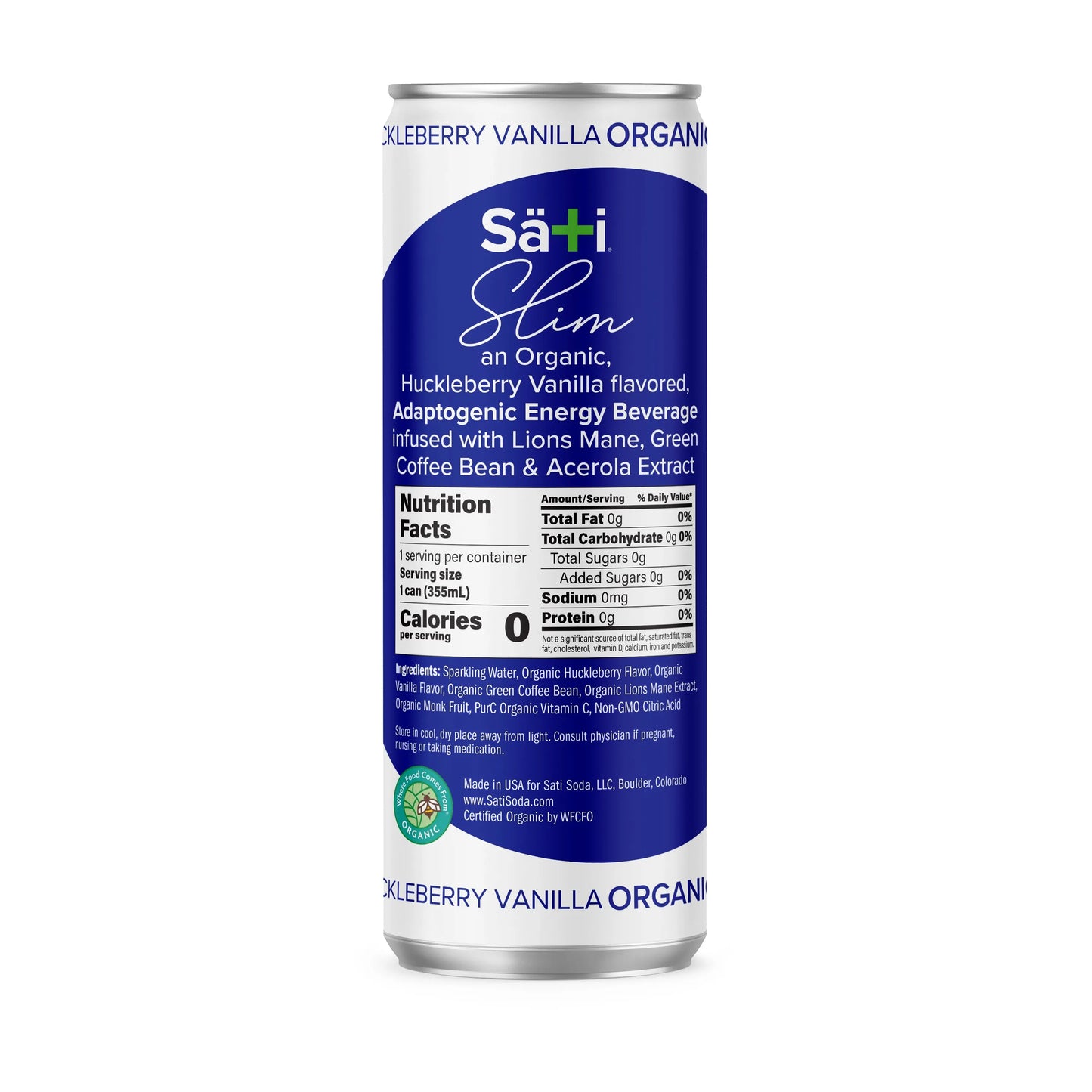Sati Slim energy beverage can with blue label on a white background