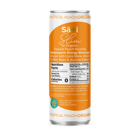 Sati Slim energy beverage can with orange label on a white background