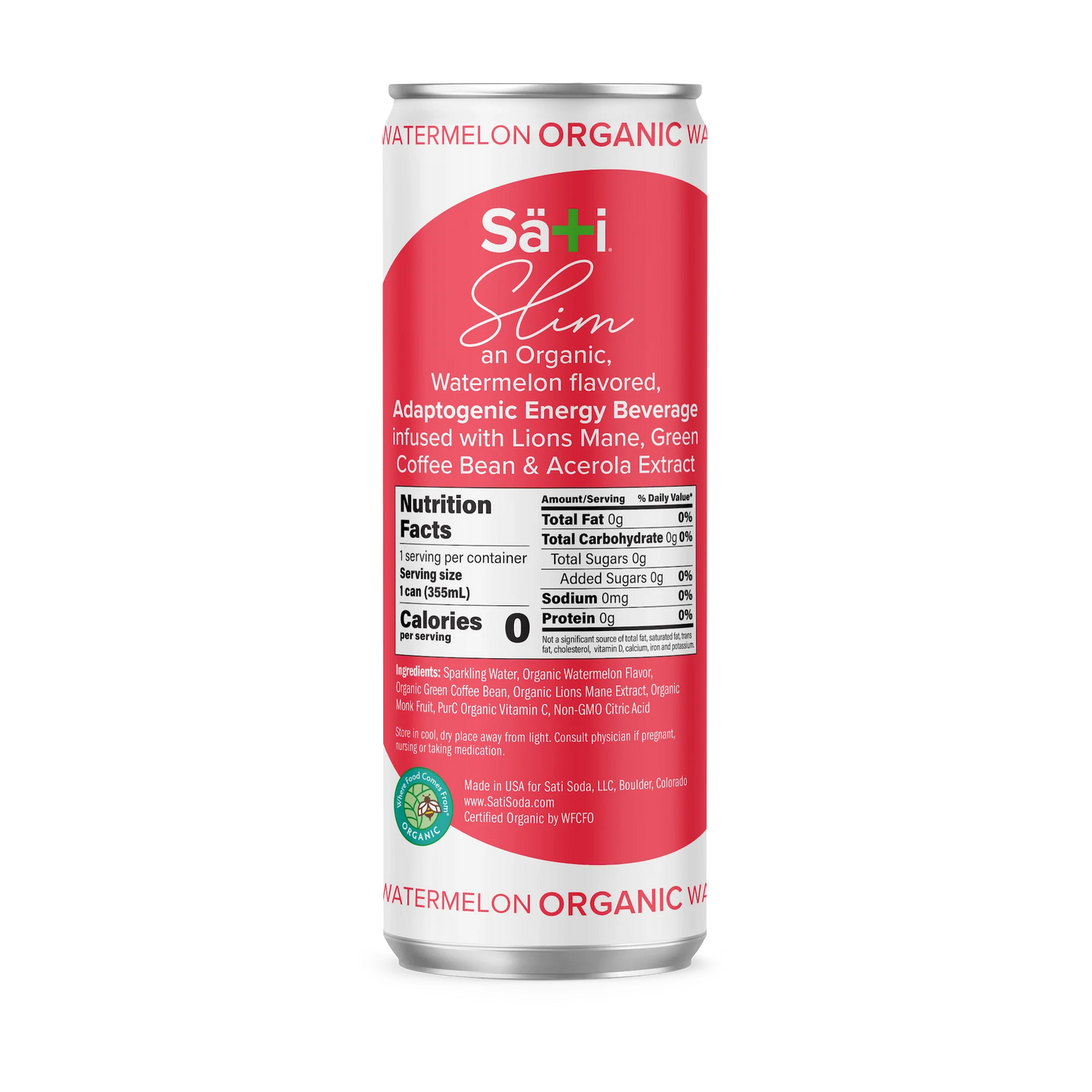 Sati Slim organic watermelon energy beverage can on a white background