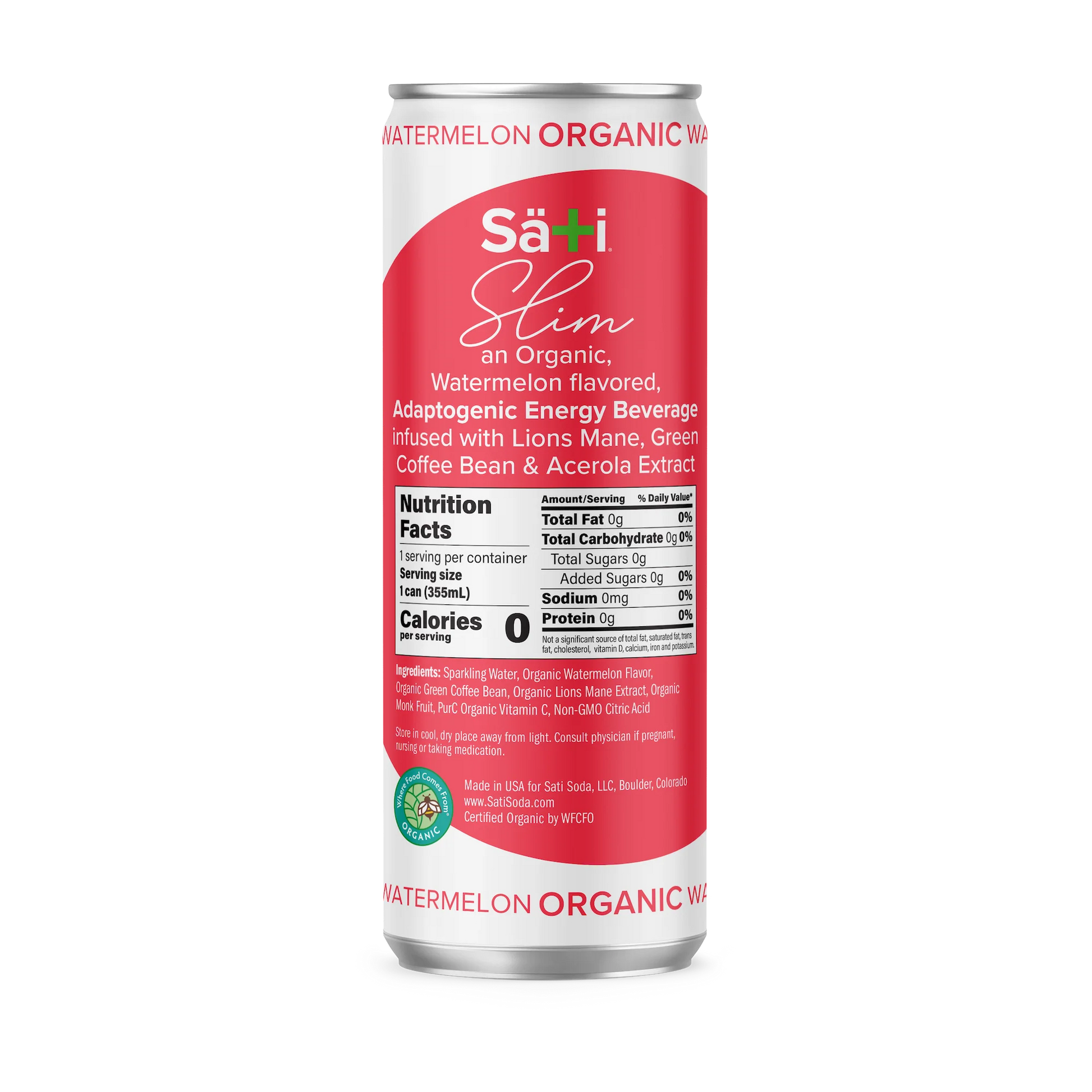 Sati Slim organic watermelon energy beverage can on a white background