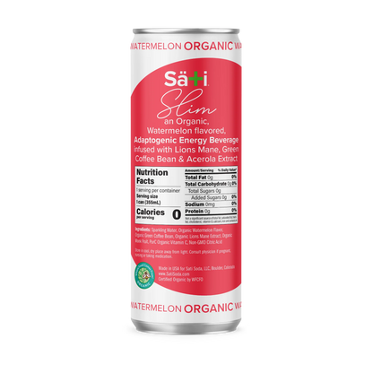 Sati Slim organic watermelon energy beverage can on a white background