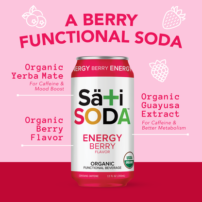 Sati SODA Energy Berry can on a pink background with text about ingredients and benefits.