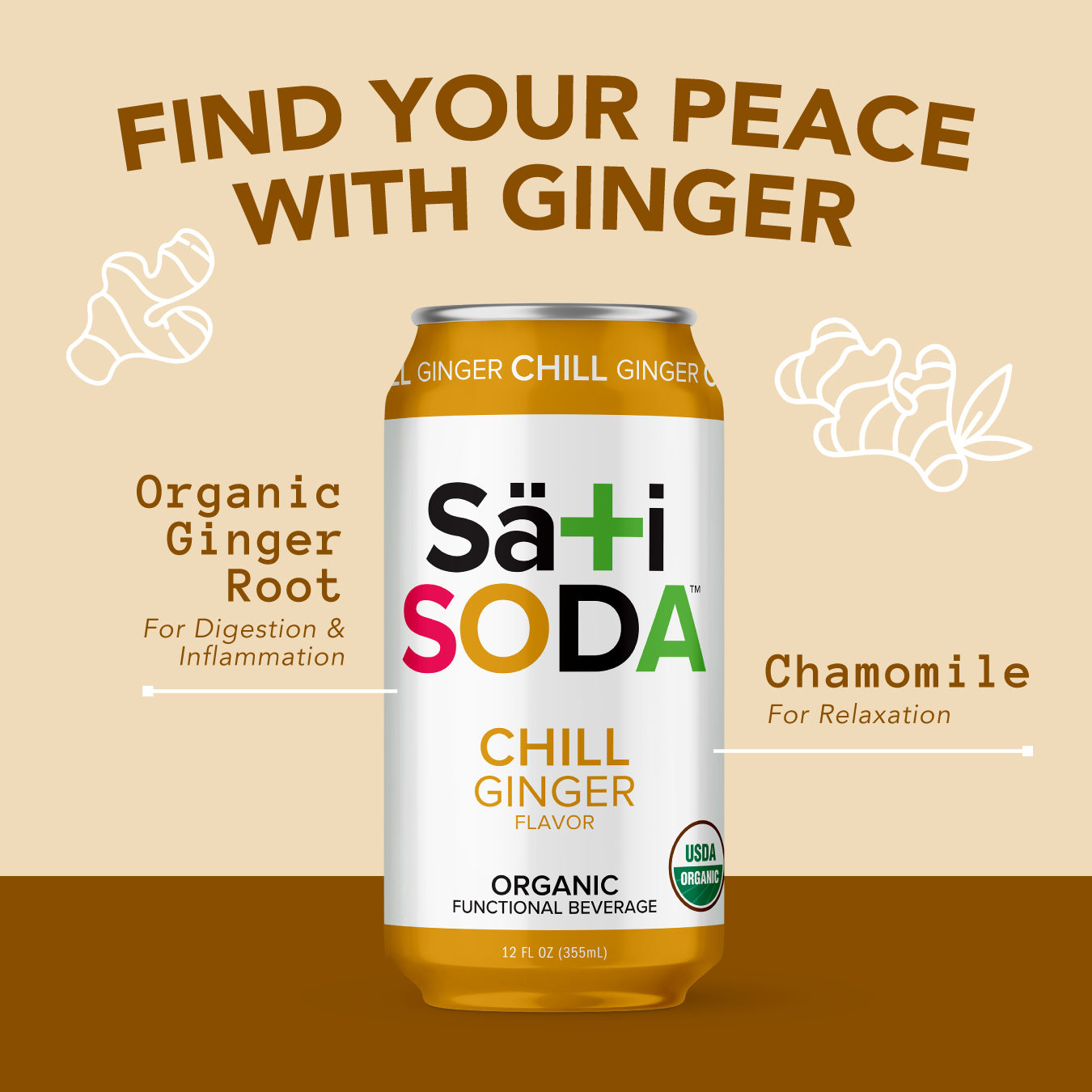 Sä+ti SODA Chill Ginger flavor can on a beige background with text about ginger and chamomile.
