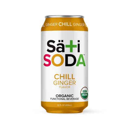A can of Säti Soda with 'Chill Ginger' flavor, indicating organic and functional beverage, with a yellow to orange gradient background.