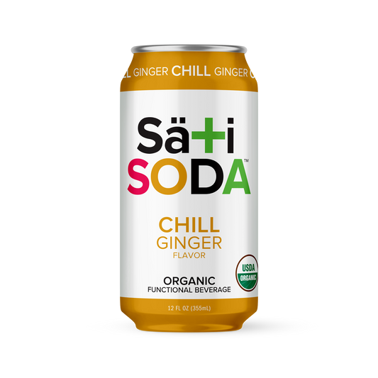 A can of Säti Soda with 'Chill Ginger' flavor, indicating organic and functional beverage, with a yellow to orange gradient background.