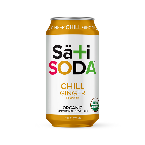 A can of Säti Soda with 'Chill Ginger' flavor, indicating organic and functional beverage, with a yellow to orange gradient background.