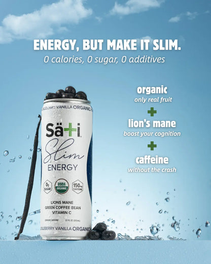Energy, but make it slim. Sati drink features on blue background