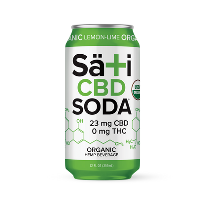 A can of Säti CBD Soda with Lemon-Lime flavor, displaying the product name, CBD content, and organic certification logos.