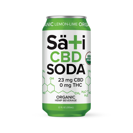 A can of Säti CBD Soda with Lemon-Lime flavor, displaying the product name, CBD content, and organic certification logos.