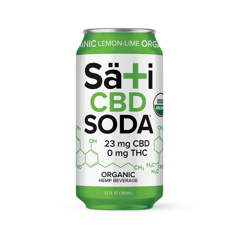 A can of Säti CBD Soda with Lemon-Lime flavor, displaying the product name, CBD content, and organic certification logos.